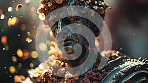 ancient roman antique statue of a handsome man, covered with flowers and gold, romantic, bokeh