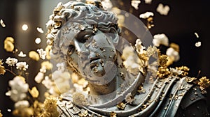 ancient roman antique statue of a handsome man, covered with flowers and gold, romantic, bokeh