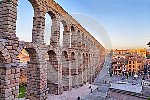 Ancient Roman aqueduct in Segovia, Spain photo