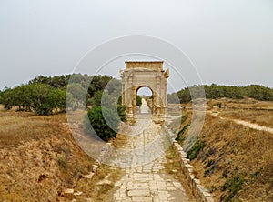 Ancient Roman Arch of Septimius Severus at Leptis Magna on the Mediterranean coast of Libya in North Africa