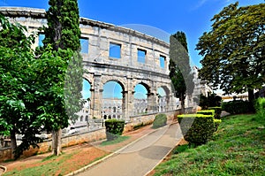 Ancient Roman arena in Pula, Croatia as seen from surrounding park