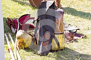 Ancient Roman armor of leather and metal lying on ground