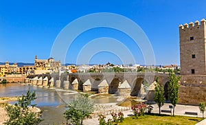 Ancient Roman Bridge Entrance River Guadalquivir Cordoba Spain photo