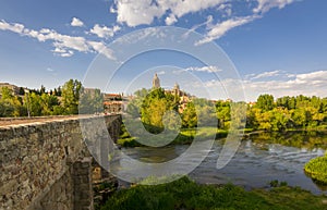 Ancient Roman bridge over Tormes river in Salamanca, Spain