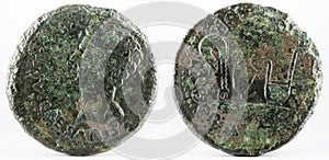 Ancient Roman bronze dupondius coin of Ebora, coined by Emperor Augustus