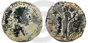 Ancient Roman bronze sertertius coin of Emperor Hadrian
