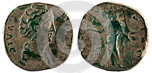Ancient Roman bronze sestertius coin of Emperor Faustina I