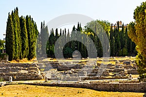 Ancient Roman Cemenelum archeological excavation site with terms and temples in Cimiez district of Nice in France