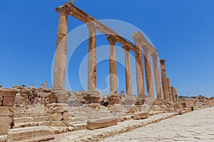 The ancient Roman city in Jerach, Jordan, Colonnaded Street.