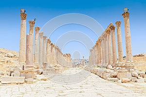 The ancient Roman city in Jerach, Jordan, Colonnaded Street.