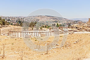 The ancient Roman city in Jerach, Jordan, Oval Plaza, birdâ€™s eye view.