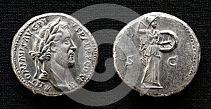 Ancient Roman coin, money of Emperor Antoninus Pius, goddess Minerva on reverse side