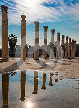 Ancient Roman columns reflect in puddle at Bet She`an, Israel