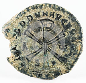 Ancient Roman copper coin of Emperor Decentius.