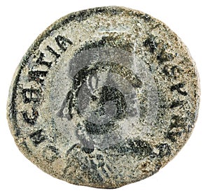Ancient Roman copper coin of Emperor Gratian. Obverse.