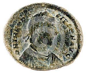 Ancient Roman copper coin of Emperor Theodosius.  Obverse.