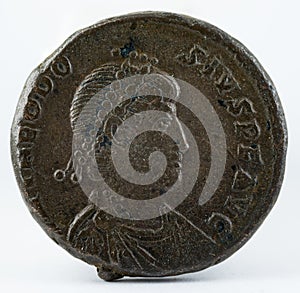 Ancient Roman copper coin of Theodosius. Obverse. photo