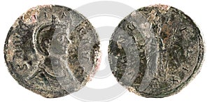 Ancient Roman copper denarius coin of Empress Severina