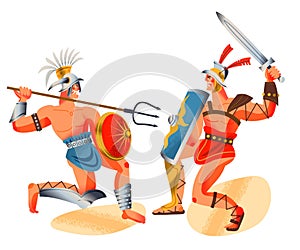 Ancient Roman empire gladiators fighting. Rome history and culture vector illustration. Muscular warriors with weapon