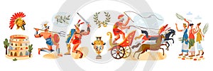Ancient Roman empire people and elements set. Rome history and culture vector illustration. Gladiators fighting