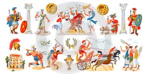 Ancient Roman empire people and elements set. Rome history and culture vector illustration. Soldiers, gladiators