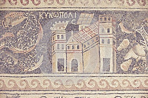 Ancient Roman floor mosaic in the Saint Stevens Church at an archeological site in Umm ar-Rasas, Jordan.