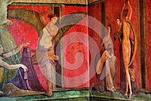 Ancient Roman fresco in Pompeii showing a detail of the mystery cult of Dionysus photo