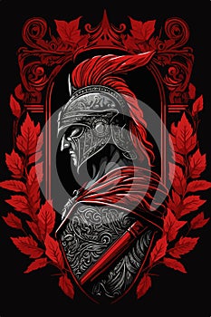 Ancient Roman helmet warrior, red legionary with foliage and Roman ornament, isolated on black, vector illustration