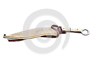 Ancient Roman retro dagger in a sheath, vintage scaly armor to protect the body, isolated on a white background