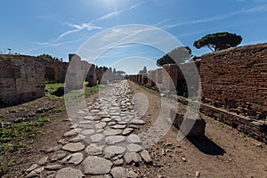 Ancient Roman road paved with stones for carriage. Decumano maxi