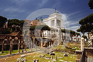 Ancient Roman Ruins And Modern Vittoriano Monument, Rome, Italy