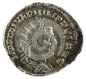 Ancient Roman silver coin of Philip I. Obverse.