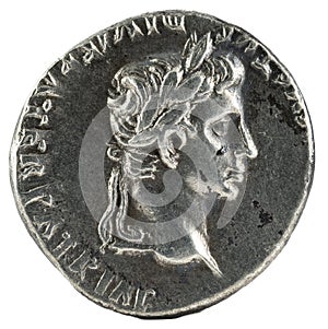 Ancient Roman silver denarius coin of Emperor Augustus. Obverse