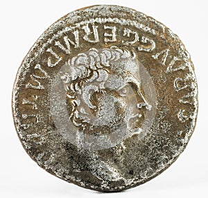 Ancient Roman silver denarius coin of Emperor Caligula with Augustus deified.