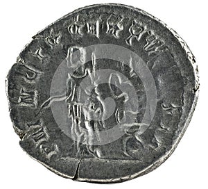 Ancient Roman silver denarius coin of Emperor Geta. Reverse