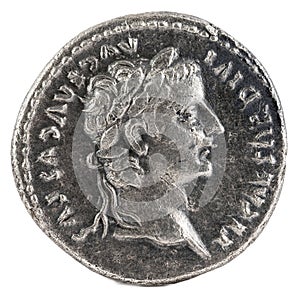 Ancient Roman silver denarius coin of Emperor Tiberius. Obverse