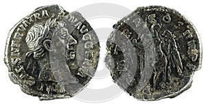 Ancient Roman silver denarius coin of Emperor Trajan