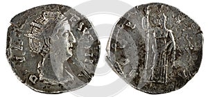 Ancient Roman silver denarius coin of Empress Faustina I