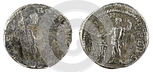 Ancient Roman silver denarius coin with an error of minting on the obverse.