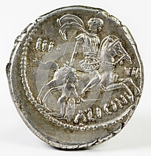 Ancient Roman silver denarius coin of A. Licinius Nerva. Reverse.