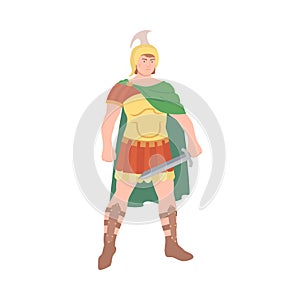 Ancient Roman Soldier or Greek Warrior Wearing Helmet Standing with Sword and Iron Armor Vector Illustration