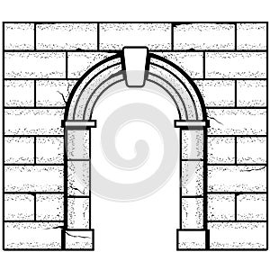 Ancient roman stone arch and brick wall, medieval entrance with antique stone archway, castle fairy-tale pass