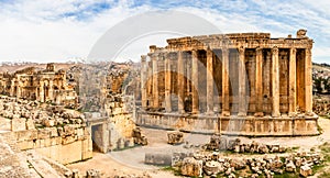 Ancient Roman temple of Bacchus panorama with surrounding ruins and city, Bekaa Valley, Baalbek, Lebanon