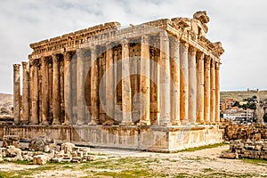 Ancient Roman temple of Bacchus with surrounding ruins of ancient city, Bekaa Valley, Baalbek, Lebanon