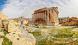 Ancient Roman temple of Bacchus with surrounding ruins of ancient city, Bekaa Valley, Baalbek, Lebanon