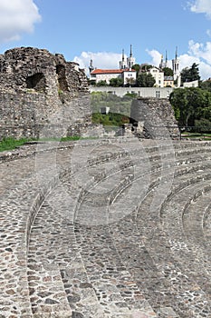 Ancient roman theater of Fourviere with the basilica of Fourviere in Lyon