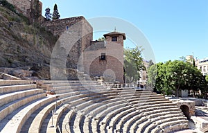 Ancient Roman Theatre near Malaga Alcazaba castle on Gibralfaro mountain, Andalusia, Spain