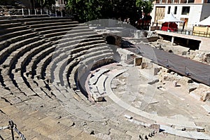 Ancient Roman Theatre near Malaga Alcazaba castle on Gibralfaro mountain, Andalusia, Spain