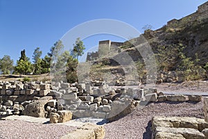 Ancient Roman Theatre near Malaga Alcazaba castle on Gibralfaro mountain, Andalusia, Spain.