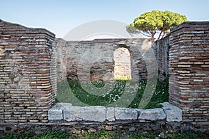 Ancient Roman villa in ancient Ostia, perimeter walls in bricks
